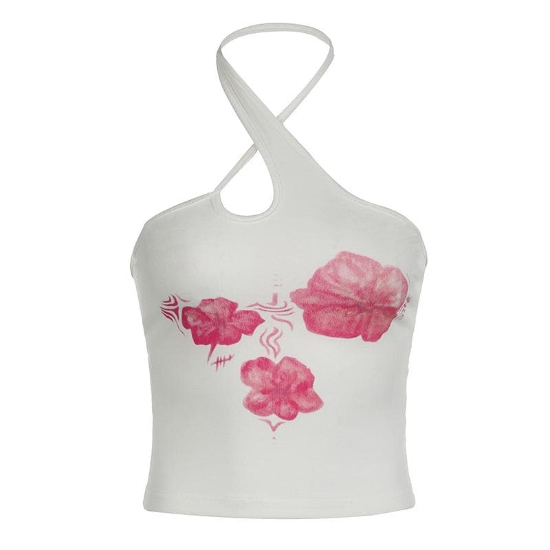 Chic Pink Floral Halter Crop Top – Trendy Cutout Tank for Resort & Late Summer Vibes
