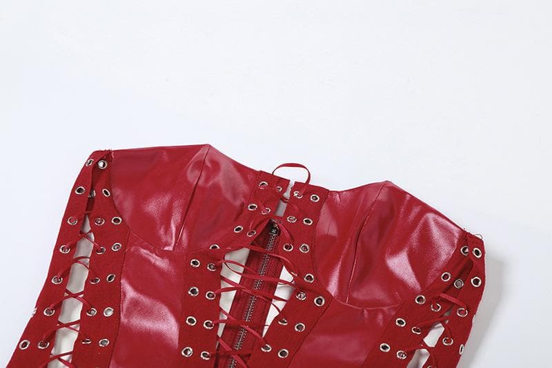 Sultry Red Faux Leather Lace-Up Corset Top - Your Edgy Statement for Fall & Halloween Nights