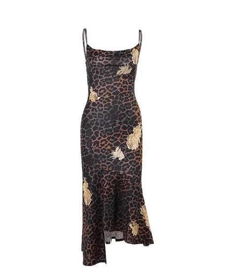 Chic Leopard & Gold Floral Slip Dress | Asymmetrical Cowl Neck Midi for Fall & Holiday Parties