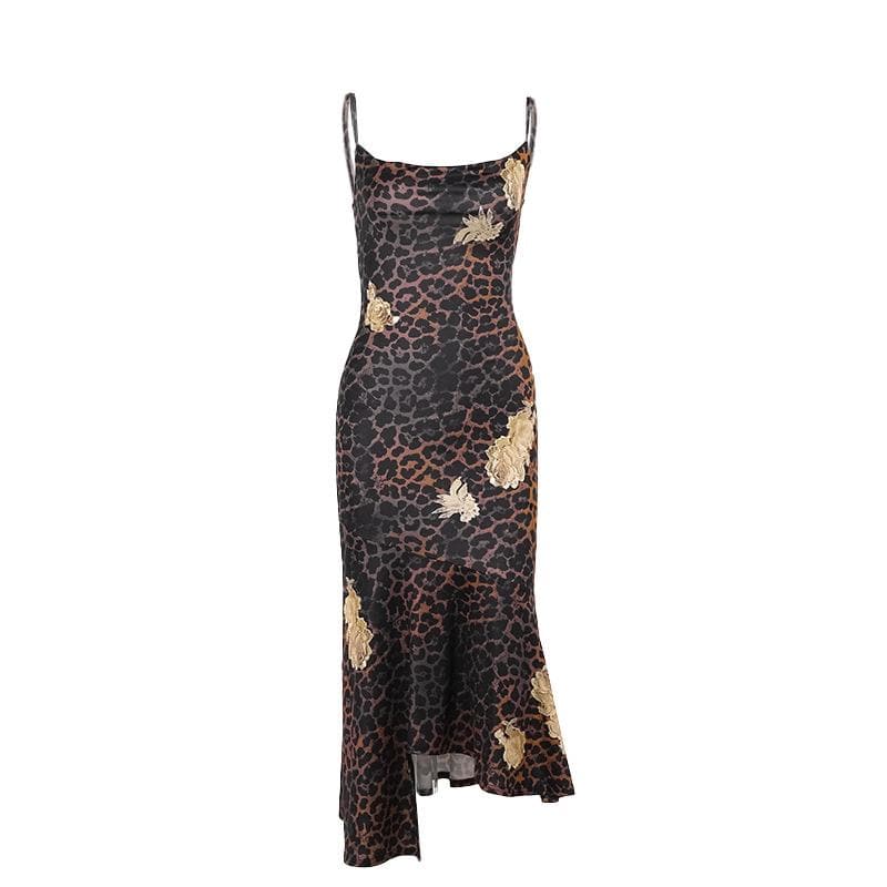 Chic Leopard & Gold Floral Slip Dress | Asymmetrical Cowl Neck Midi for Fall & Holiday Parties