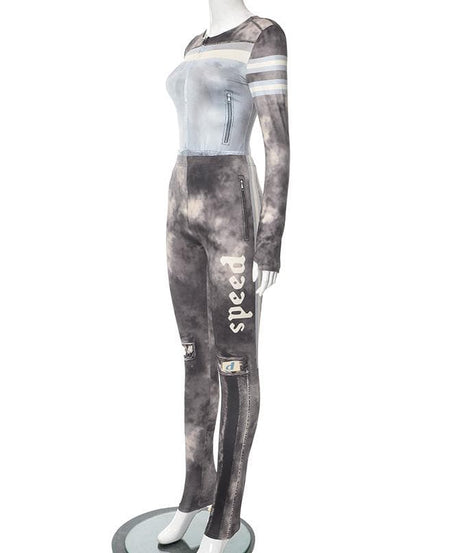 Fall Edgy Cloud Print Matching Set - Women's Zip-Up Top & Leggings with Money Patches