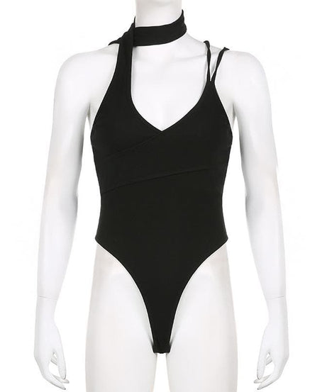 Chic Black Ribbed Halter Bodysuit with Asymmetrical Straps – Your Essential Fall Style