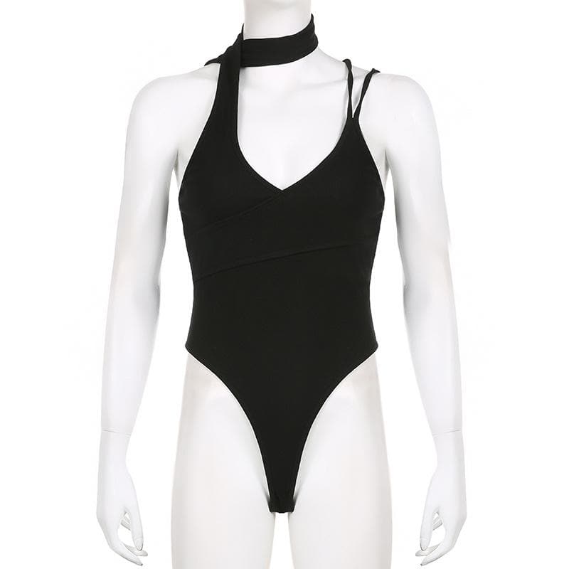 Chic Black Ribbed Halter Bodysuit with Asymmetrical Straps – Your Essential Fall Style