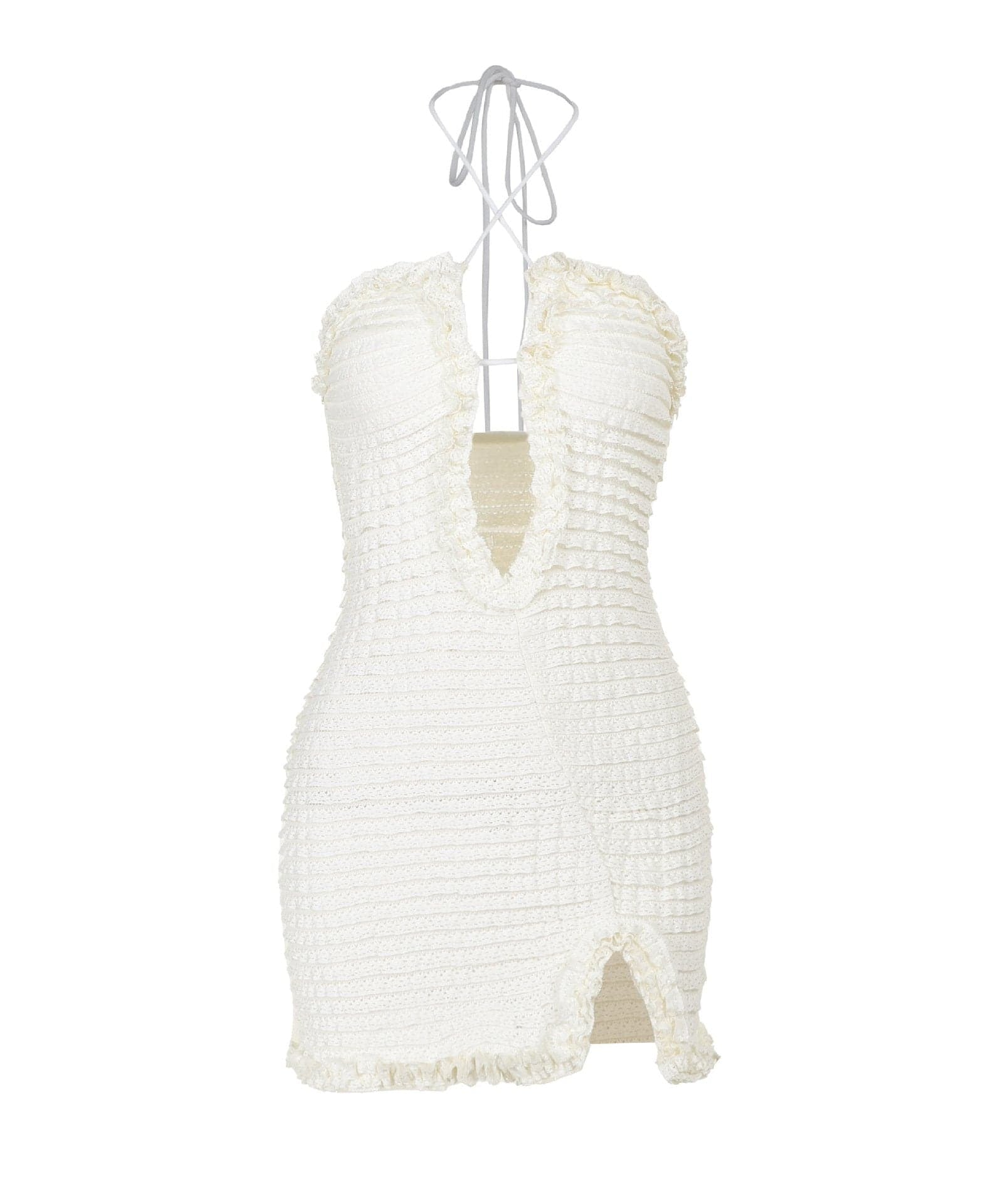 Chic White Ruffle Halter Mini Dress – Textured Bodycon for Fall Getaways & Parties