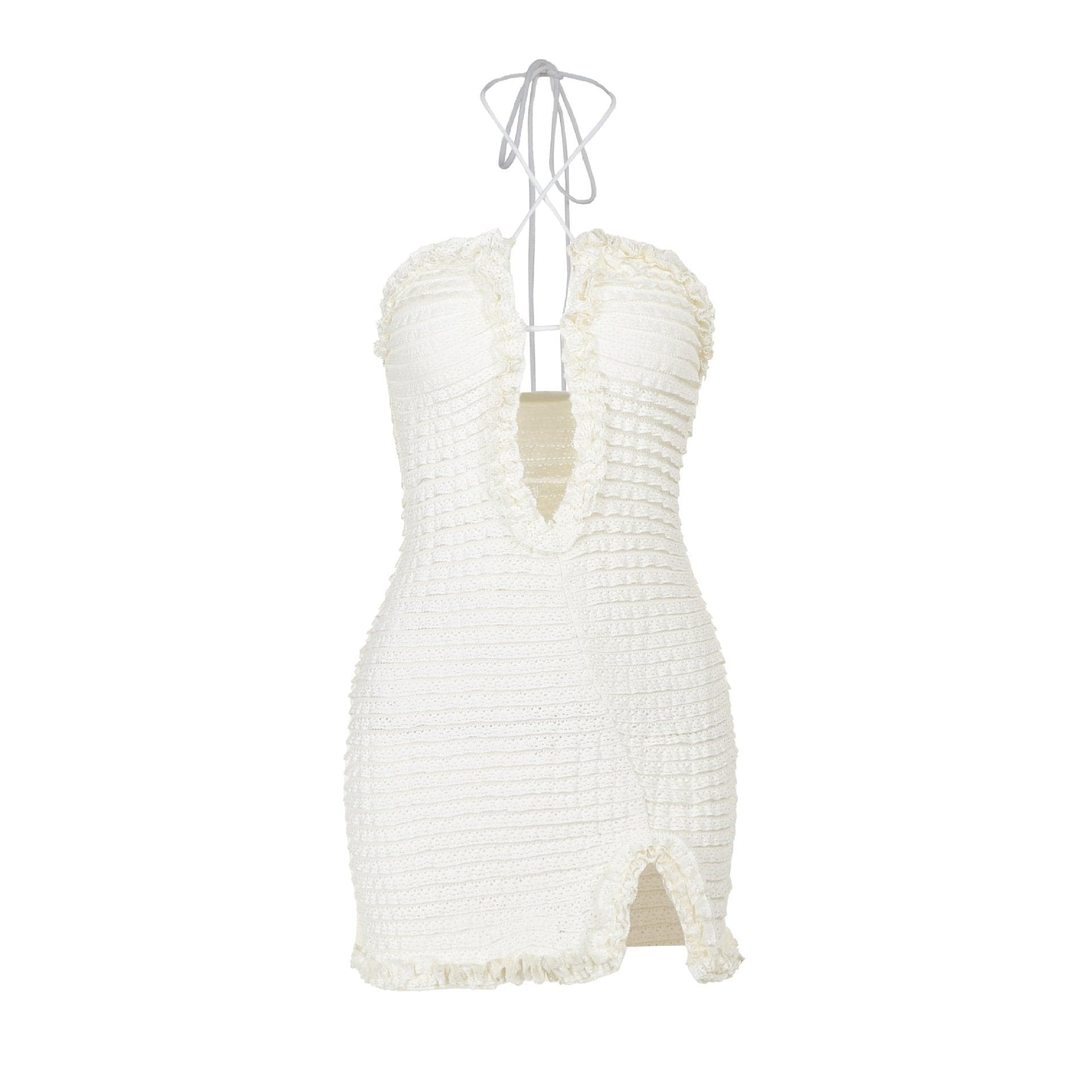 Chic White Ruffle Halter Mini Dress – Textured Bodycon for Fall Getaways & Parties