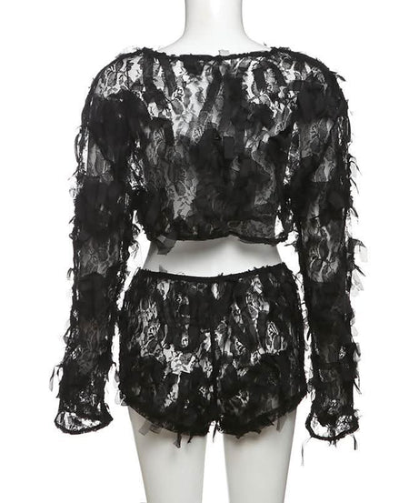 Spooky Chic Shredded Lace Crop Top & Shorts Set - Halloween & Party Ready