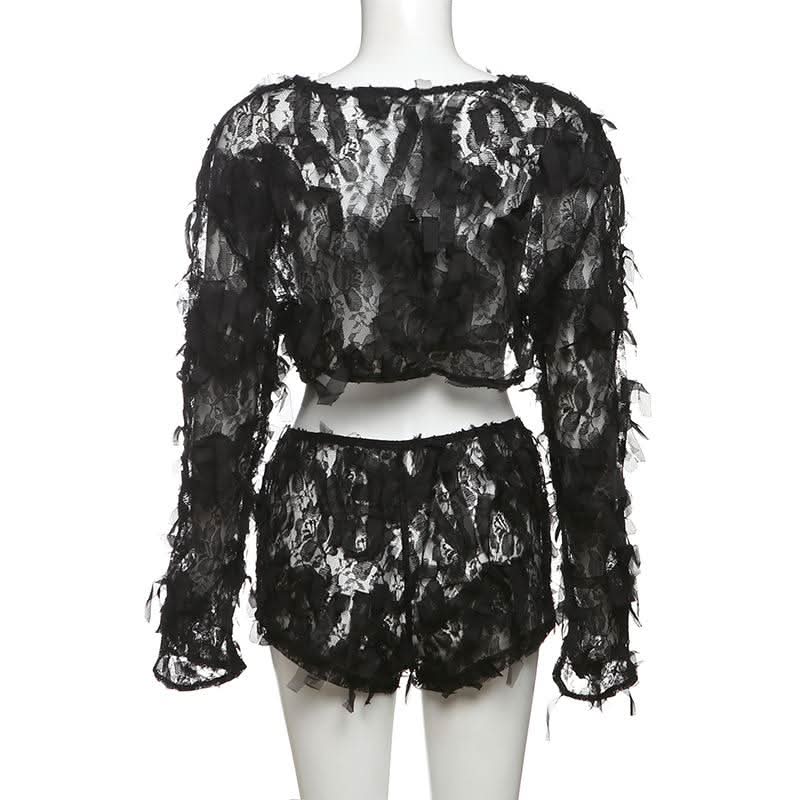 Spooky Chic Shredded Lace Crop Top & Shorts Set - Halloween & Party Ready
