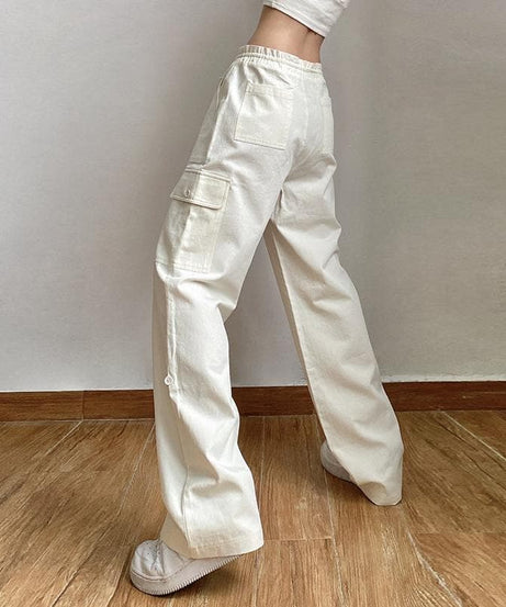Effortless High-Waisted Cream Cargo Pants | Drawstring Wide Leg for Fall Trends