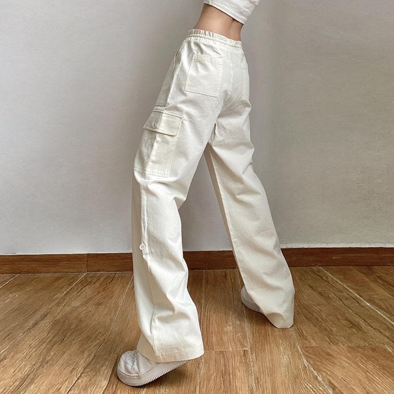 Effortless High-Waisted Cream Cargo Pants | Drawstring Wide Leg for Fall Trends