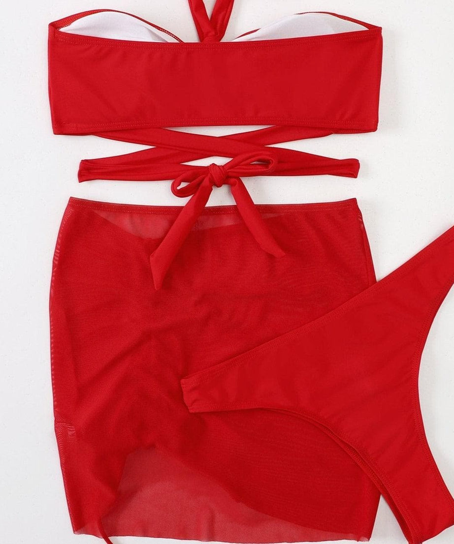 Chic Mocha 3-Piece Halter Bikini & Ruched Skirt Set | Your Ultimate Tropical Getaway Essential