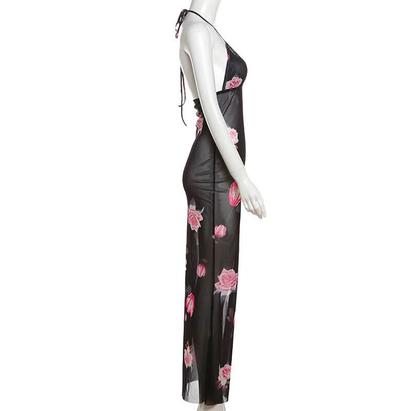 Floral Fantasy Sheer Mesh Halter Maxi Dress - Glamorous Nights Out
