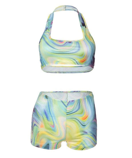 Vibrant Swirl Halter Crop Top & Shorts Set | Trendy Fall Athleisure for Women