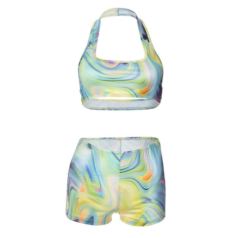 Vibrant Swirl Halter Crop Top & Shorts Set | Trendy Fall Athleisure for Women