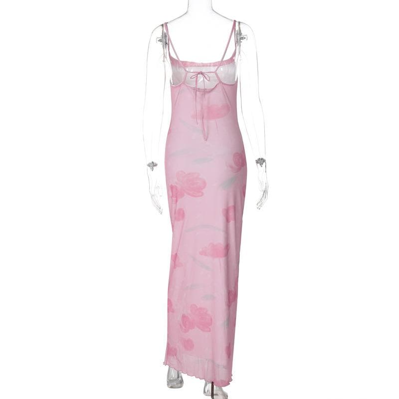 Dreamy Pink Floral Mesh Maxi Slip Dress | Knotted Backless | Perfect for Fall Vacations & Holiday Events