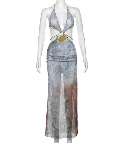 Mystic Shores Halter Maxi Dress - Shell Embellishment & Ombre Fall Print