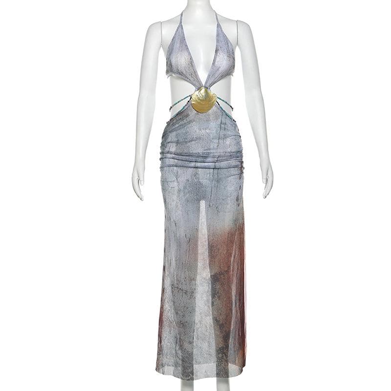 Mystic Shores Halter Maxi Dress - Shell Embellishment & Ombre Fall Print