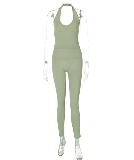 Effortless Chic: Sage Green Halter Neck Top & High-Waist Leggings Set – Fall Comfort & Style