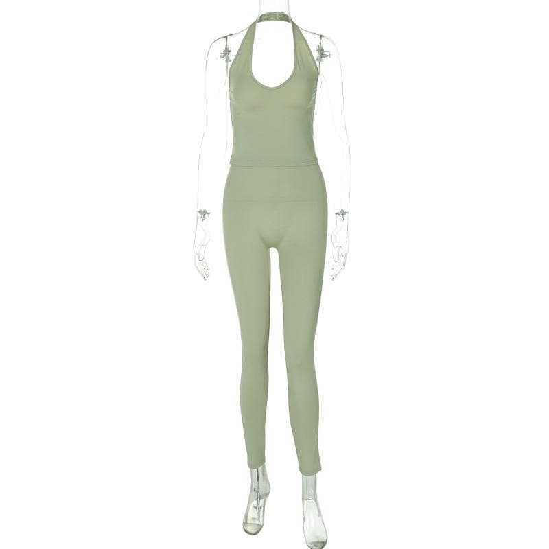 Effortless Chic: Sage Green Halter Neck Top & High-Waist Leggings Set – Fall Comfort & Style
