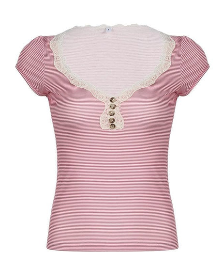Chic Pink Striped Lace Henley Top – Cozy Fall Essential for Women