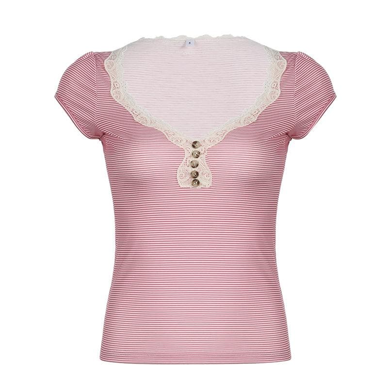 Chic Pink Striped Lace Henley Top – Cozy Fall Essential for Women