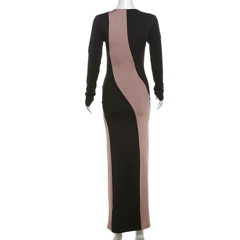 Elegant Two-Tone Wavy Maxi Dress - Figure-Flattering Long Sleeve for Fall & Holiday