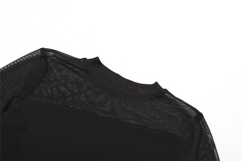Edgy Sheer Mesh Patchwork Bodysuit - Long Sleeve Fall Nights & Halloween Chic