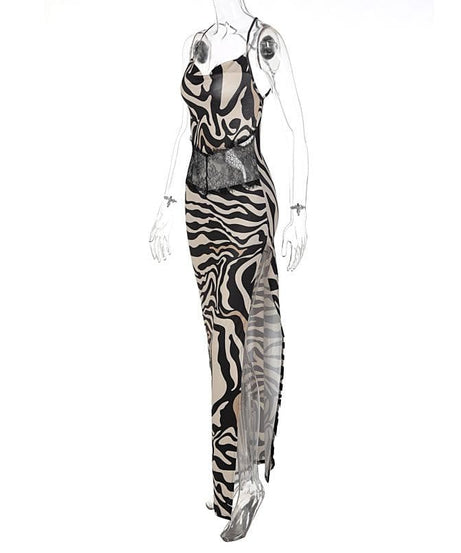 Statement Zebra Print Maxi Dress | Lace Cutout & High Slit for Fall Glam
