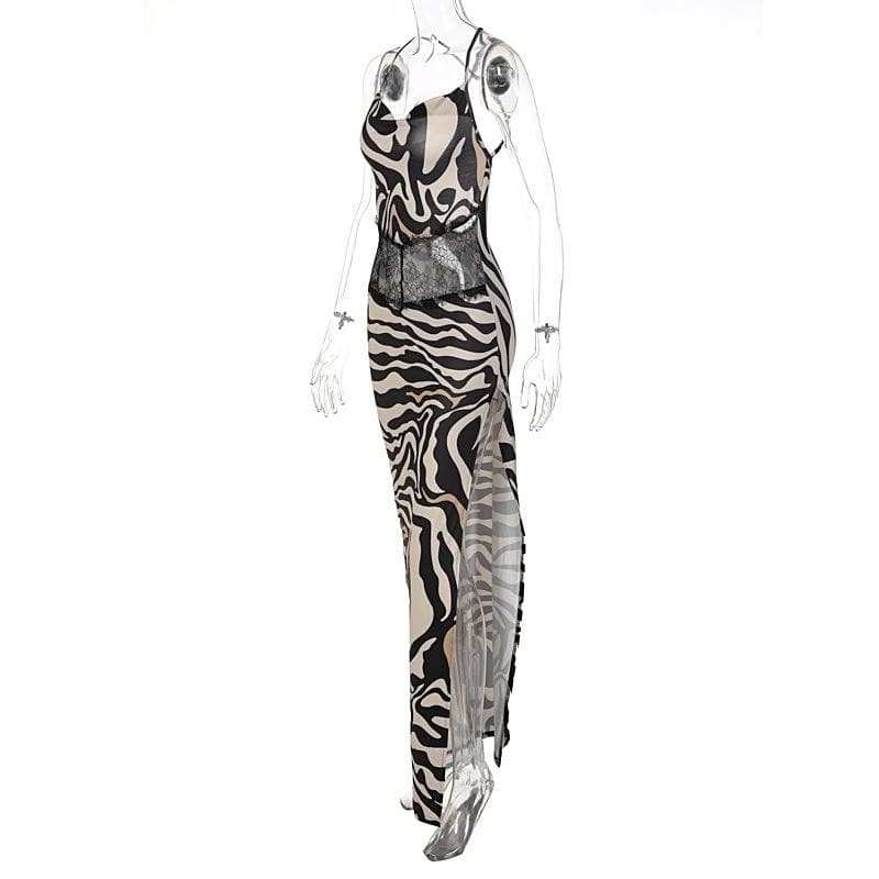 Statement Zebra Print Maxi Dress | Lace Cutout & High Slit for Fall Glam