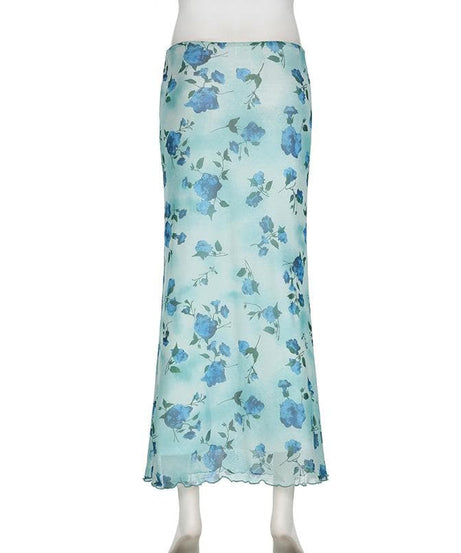 Effortless Blue Floral Mesh Maxi Skirt with Bowknot – Y2K Boho Chic for Fall & Holidays