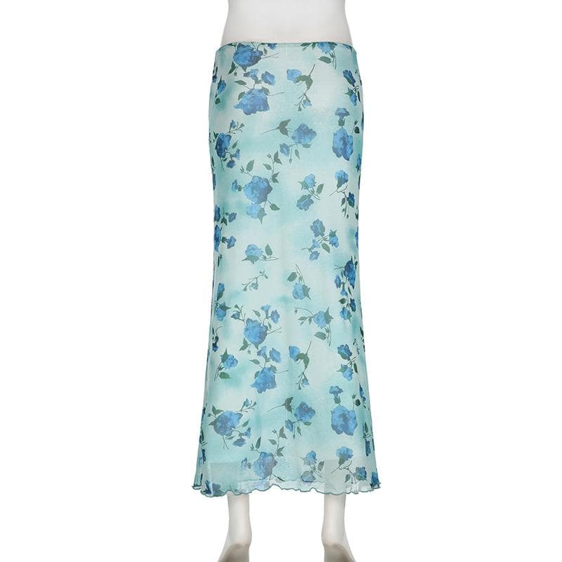 Effortless Blue Floral Mesh Maxi Skirt with Bowknot – Y2K Boho Chic for Fall & Holidays