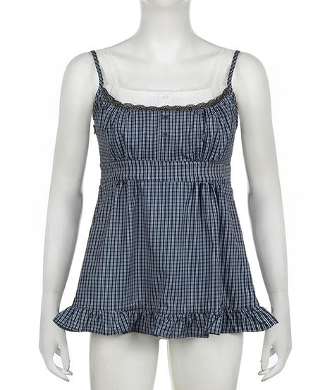 Chic Gingham Plaid Babydoll Top - Lace Trim, Ruffle Hem, & Fall Layering Essential