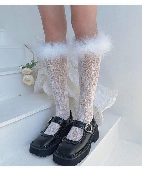 Spooky Chic Feather Trim Lace Knee-High Socks - Fall & Halloween Essential