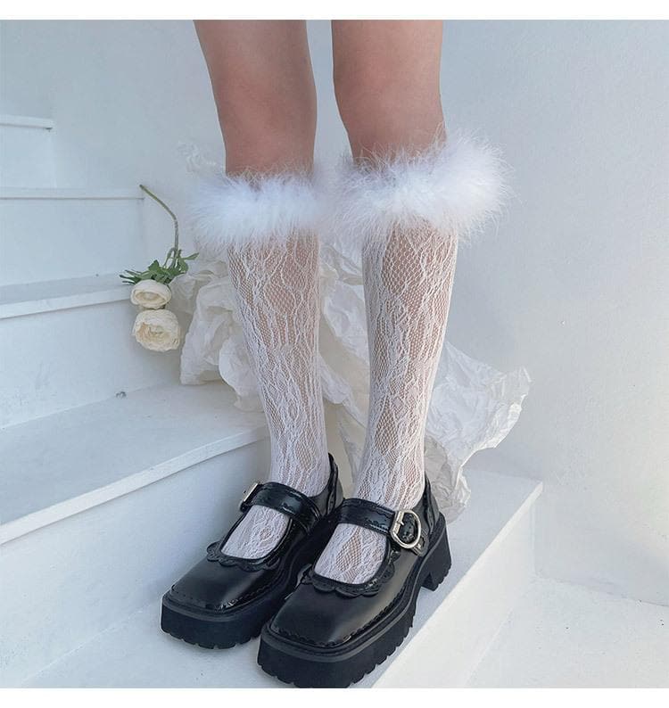Spooky Chic Feather Trim Lace Knee-High Socks - Fall & Halloween Essential