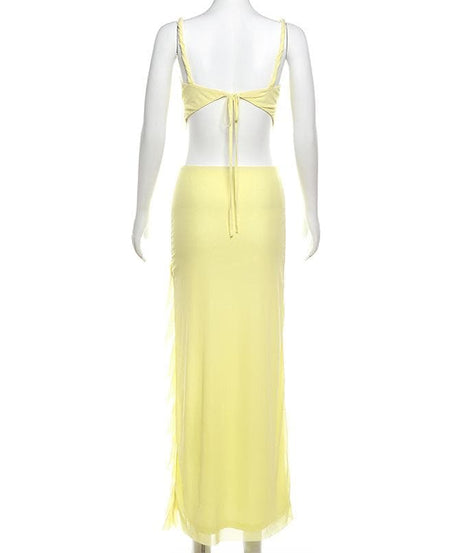 Golden Hour Glow: Breezy Yellow Mesh Cami & Ruffle Slit Maxi Skirt Set - Vacation & Resort Ready
