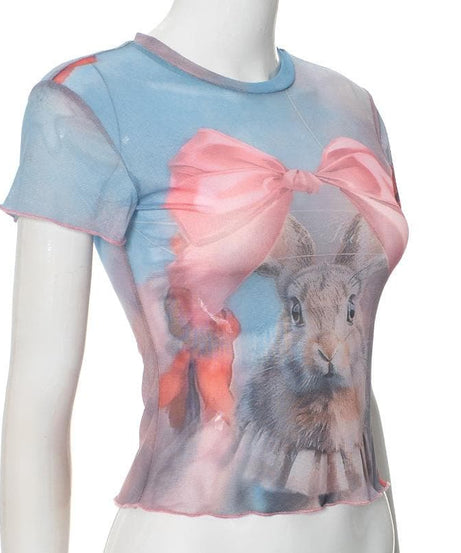 Whimsical Bunny & Pink Bow Mesh Top - Trendy Y2K Fall Style