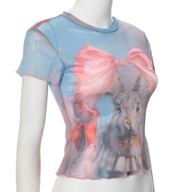 Whimsical Bunny & Pink Bow Mesh Top - Trendy Y2K Fall Style