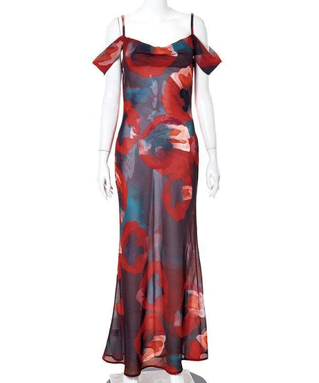 The 'Obsidian Poppy' Sheer Maxi Dress - Off-Shoulder Glamour for Fall & Holiday Events