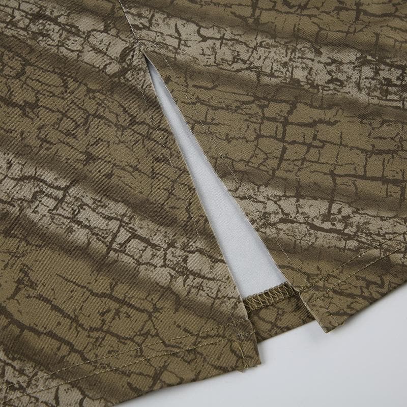 Chic Fall Vibe: Y2K Distressed Print Lace Cami Mini Dress with Side Slit