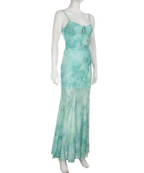 Ethereal Aqua Tie-Dye Mesh Maxi Dress - Ruched Cami & Mermaid Hem | Fall Getaway Chic