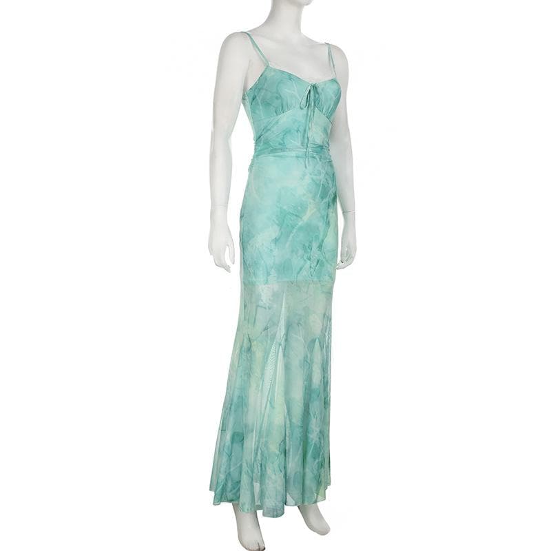 Ethereal Aqua Tie-Dye Mesh Maxi Dress - Ruched Cami & Mermaid Hem | Fall Getaway Chic