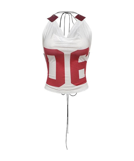 Varsity Vibe '06' Halter Crop Top - Y2K Mesh Cowl Neck for Game Day Style