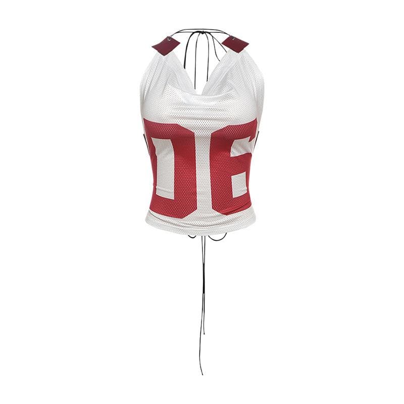 Varsity Vibe '06' Halter Crop Top - Y2K Mesh Cowl Neck for Game Day Style