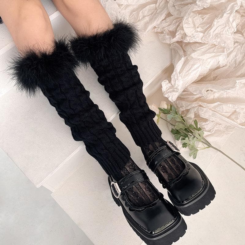 Cozy Fall Chic: Faux Fur Trim Cable Knit Leg Warmers - Y2K Style for Women