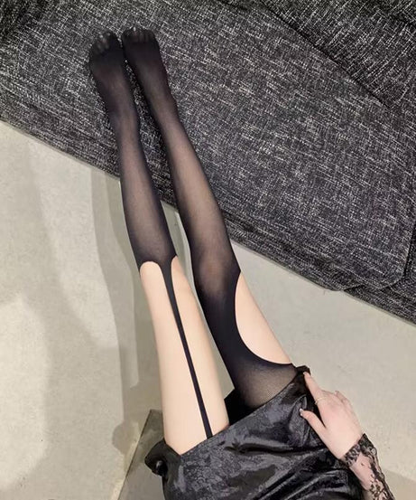 Edgy Two-Tone Illusion Cut-Out Tights | Fall & Halloween Fashion Statement