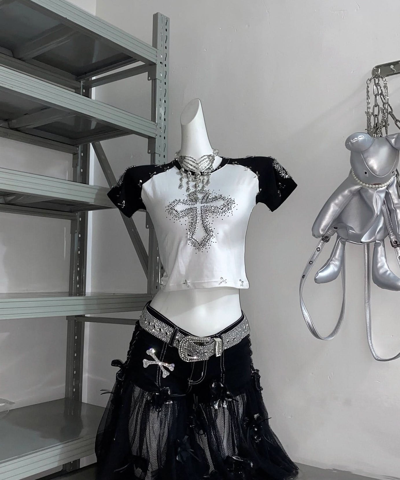 Spooky Chic Rhinestone Cross Crop Top & Mesh Skort Set - Y2K Goth Alt Fashion