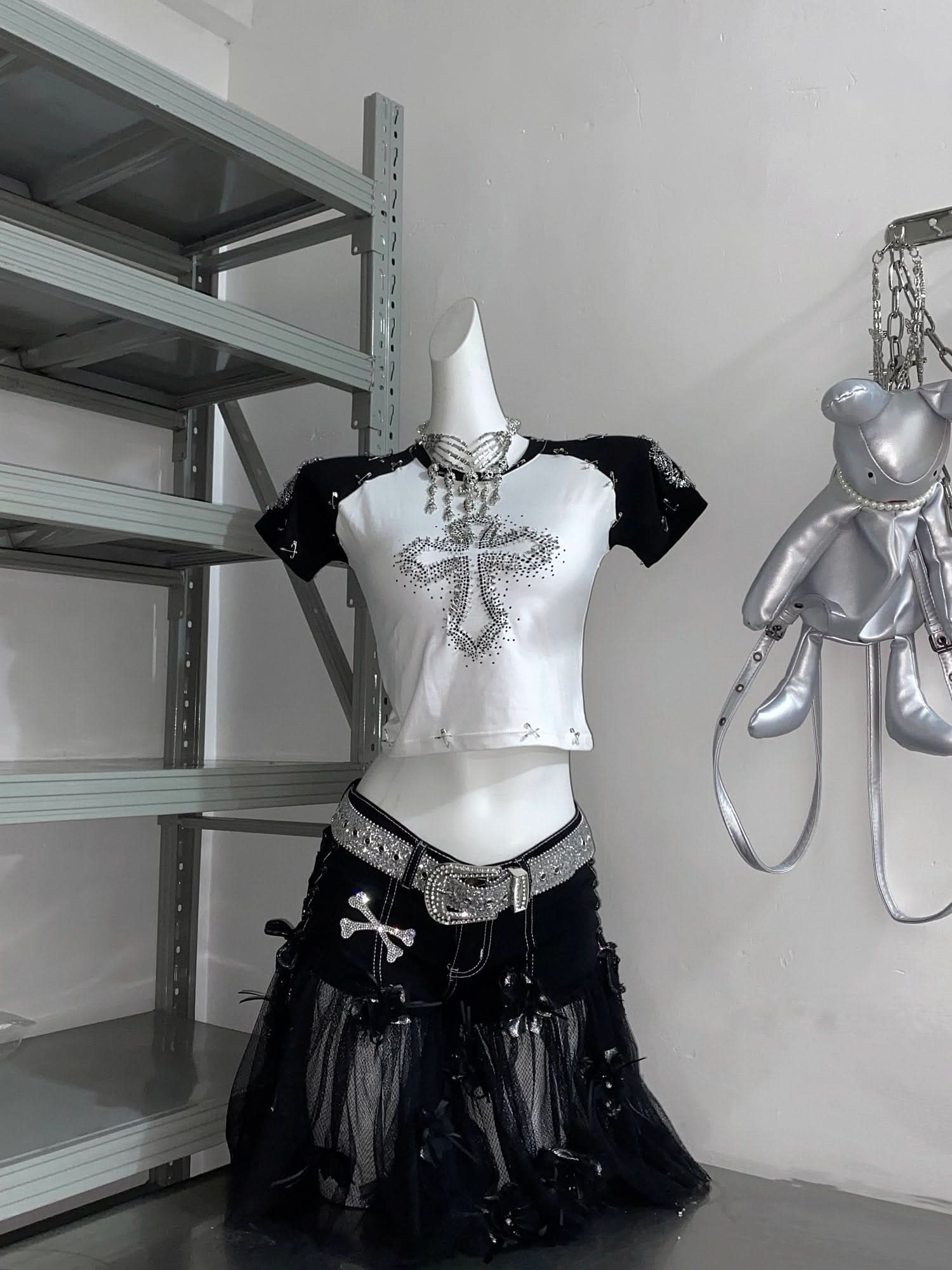 Spooky Chic Rhinestone Cross Crop Top & Mesh Skort Set - Y2K Goth Alt Fashion