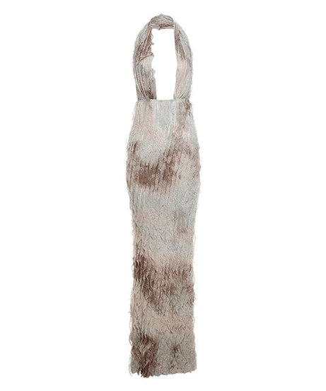 Ethereal Ruffle Halter Plunge Maxi Dress | Backless Resort & Destination Getaway Gown