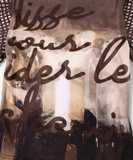 Artistic Mesh Bell Sleeve Top - Edgy Fall Graphic Long Sleeve for Women