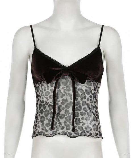 Fall Luxe: Velvet & Leopard Print Bow Cami Top - Chic Y2K Style for American Women