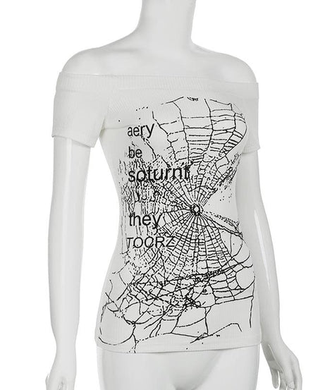 Haunted Web Off-Shoulder Ribbed Top | Edgy Fall Fashion & Halloween Ready